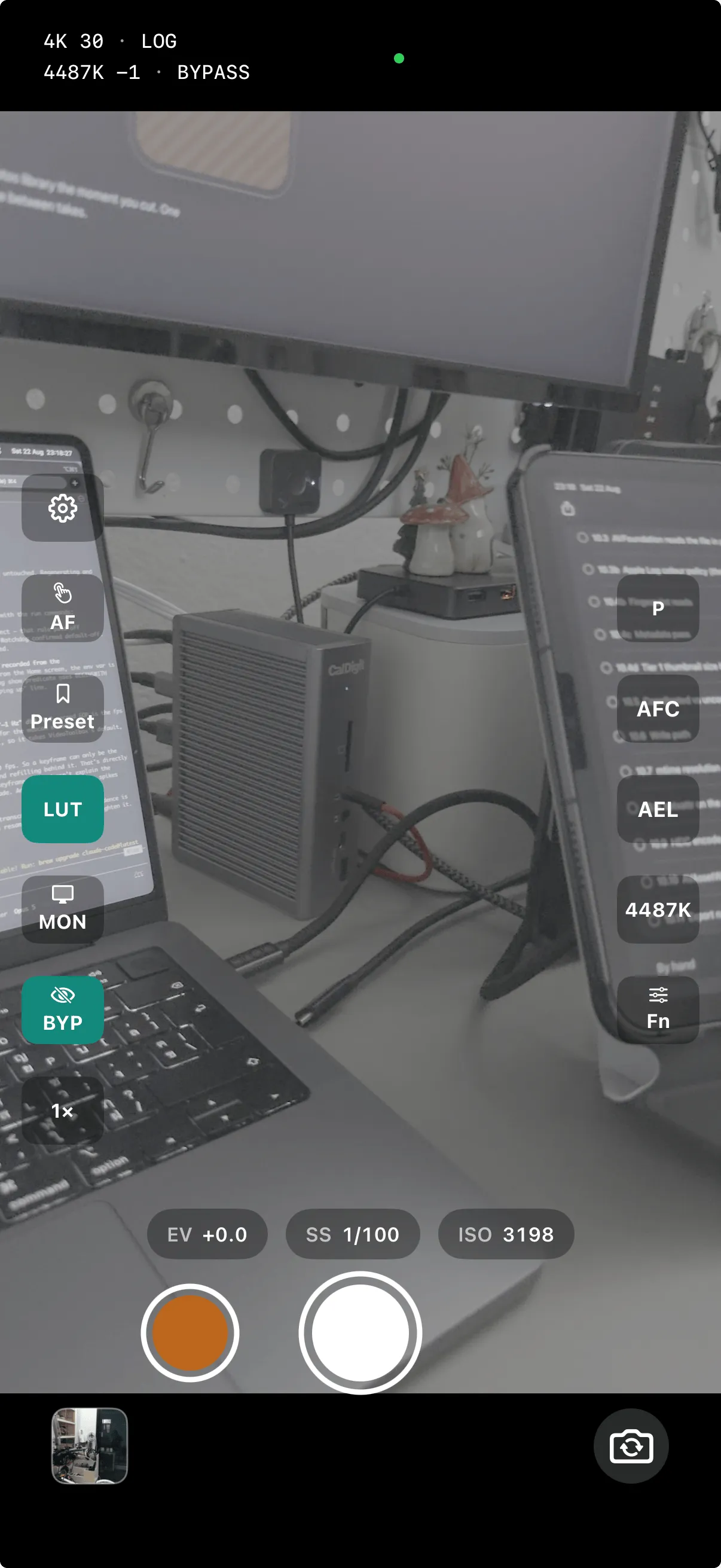 Memios with LUT bypass on: the flat, untouched Apple Log preview, status bar reading LOG · BYPASS